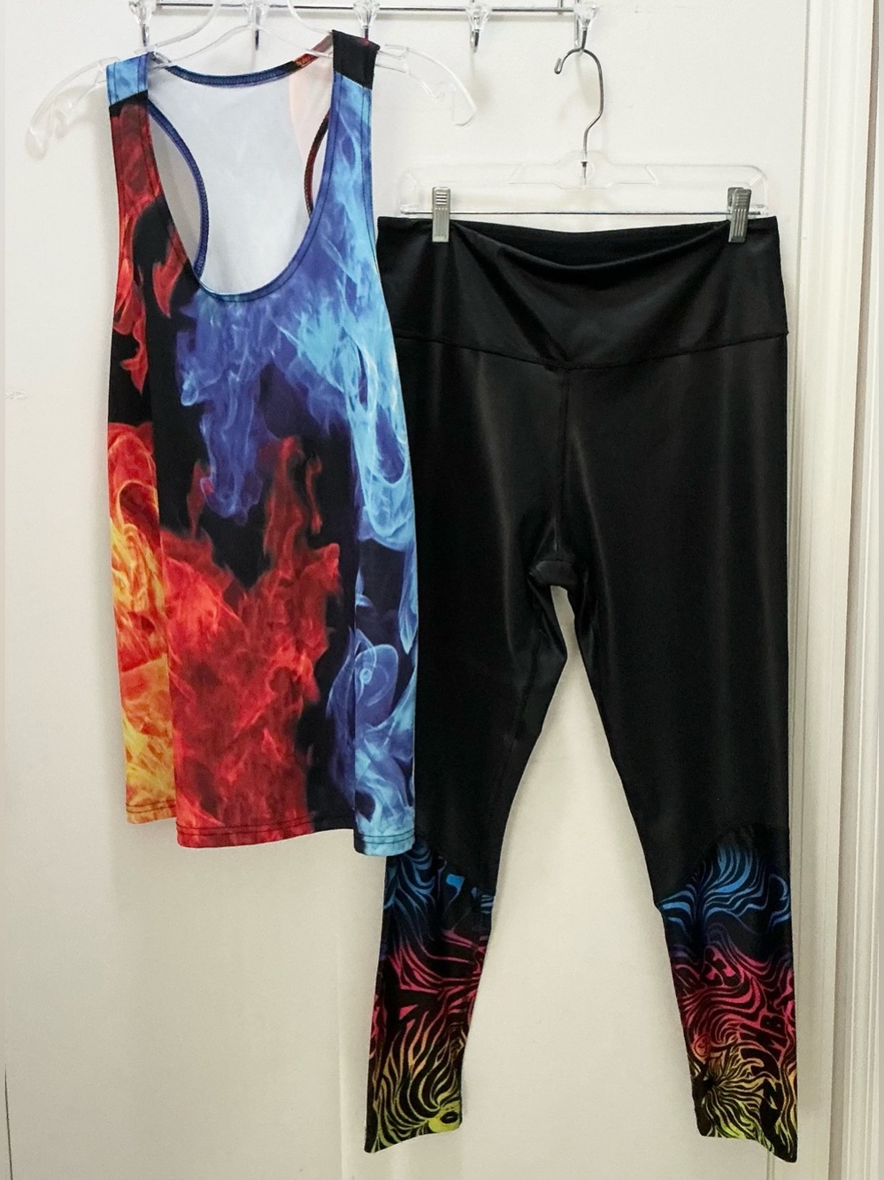 Zumba Women’s Shiny Black Leggings with Multicolor Flame Accent & Matching Top
